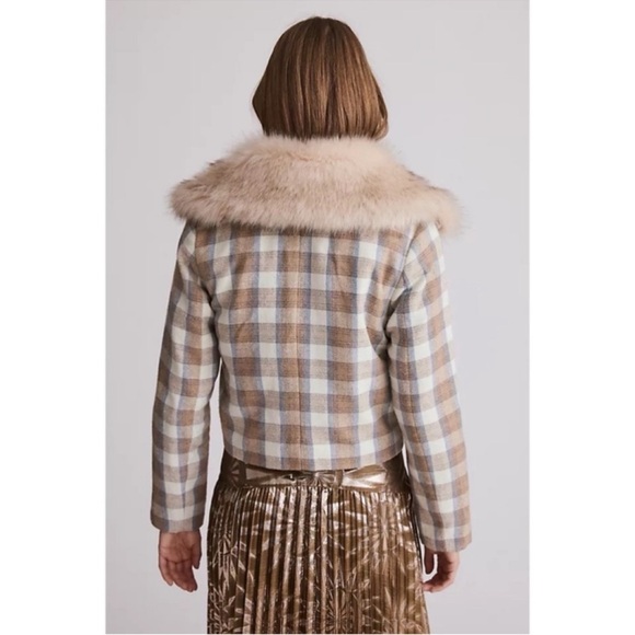 Anthropologie Unreal Fur Plaid Faux Fur Trimmed Cropped Jacket Coat Neutral NWT - Picture 11 of 11